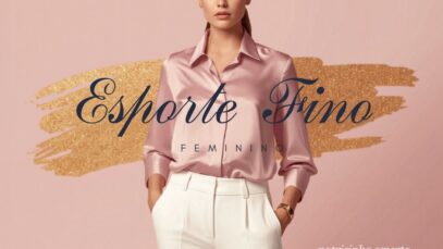 Modelo feminina vestindo camisa rosa e calça branca em fundo suave.