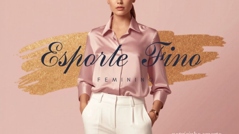 Modelo feminina vestindo camisa rosa e calça branca em fundo suave.