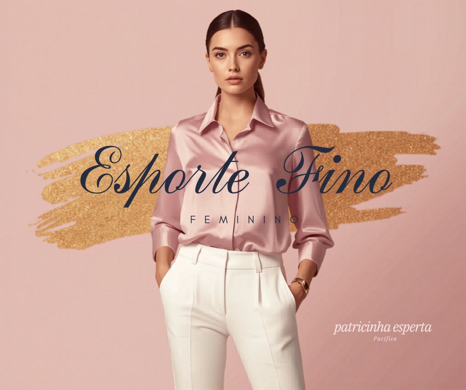 Modelo feminina vestindo camisa rosa e calça branca em fundo suave.