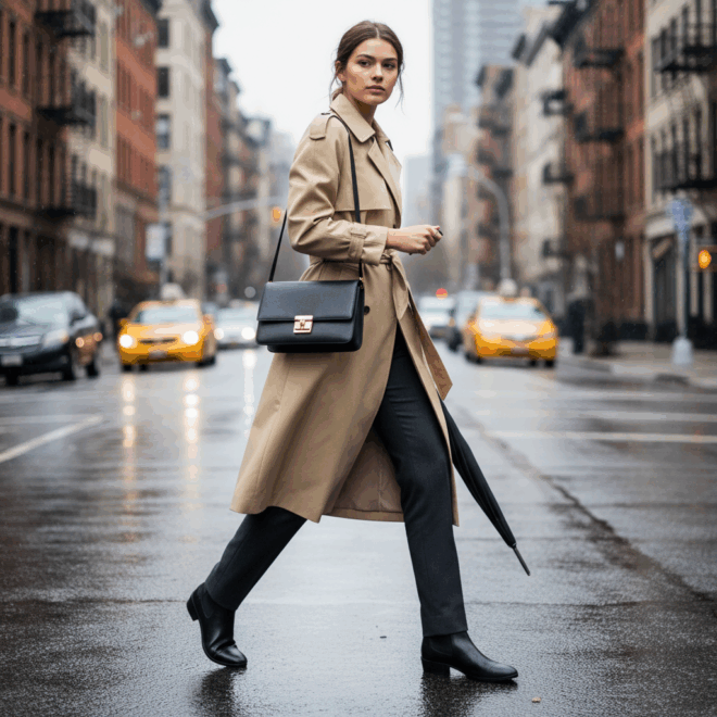 Look 1: Clássico Urbano com Trench