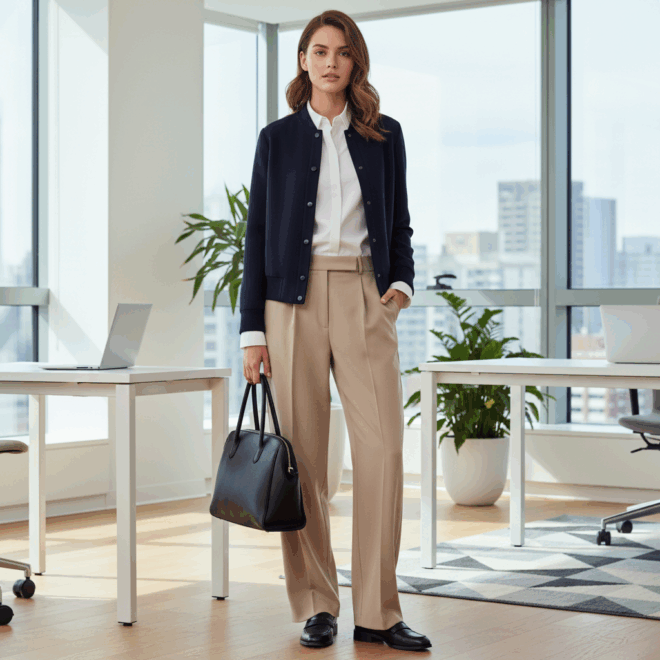 Look 3: Poder no Escritório (Casual Friday)