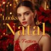 Modelo com maquiagem glamourosa em look de Natal, fundo festivo com flores vermelhas.