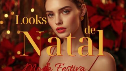 Modelo com maquiagem glamourosa em look de Natal, fundo festivo com flores vermelhas.