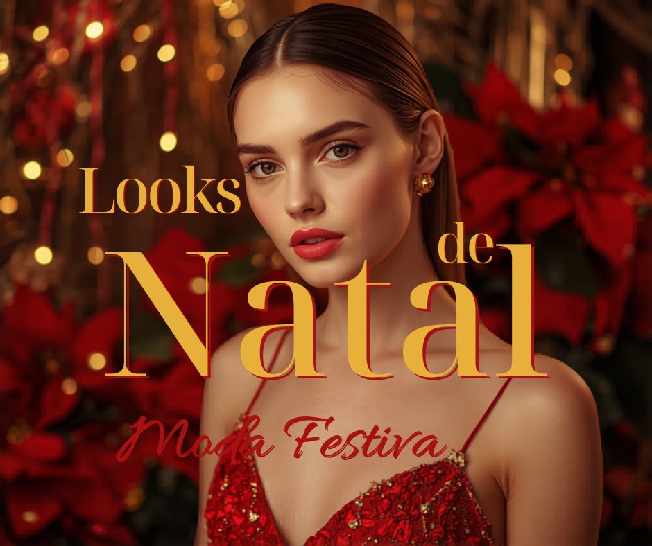Modelo com maquiagem glamourosa em look de Natal, fundo festivo com flores vermelhas.