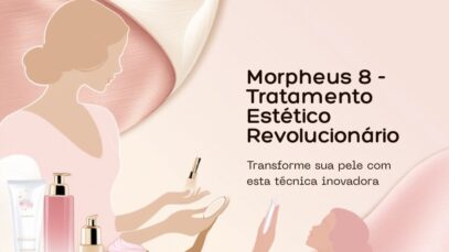 Imagem promocional do tratamento estético Morpheus 8 com produtos de beleza.