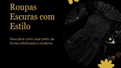 Roupa escura elegante com acessórios sofisticados em fundo preto.