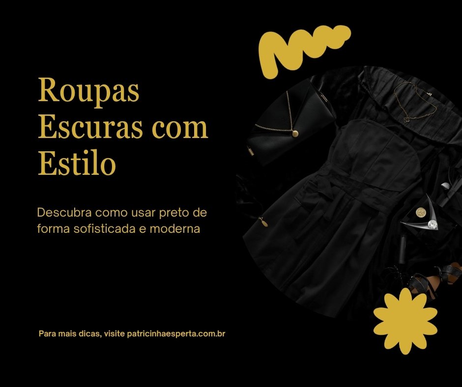 Roupa escura elegante com acessórios sofisticados em fundo preto.