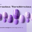 Unhas decoradas em tons de roxo com designs elegantes e modernos.