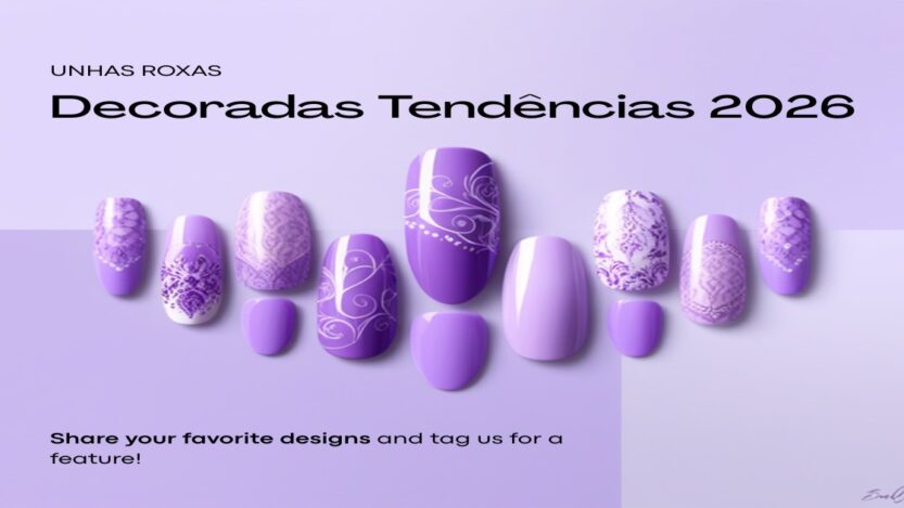 Unhas decoradas em tons de roxo com designs elegantes e modernos.