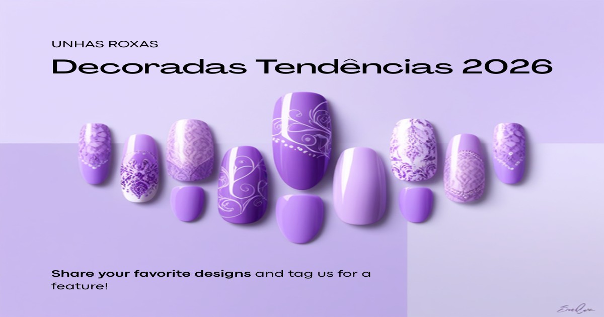Unhas decoradas em tons de roxo com designs elegantes e modernos.